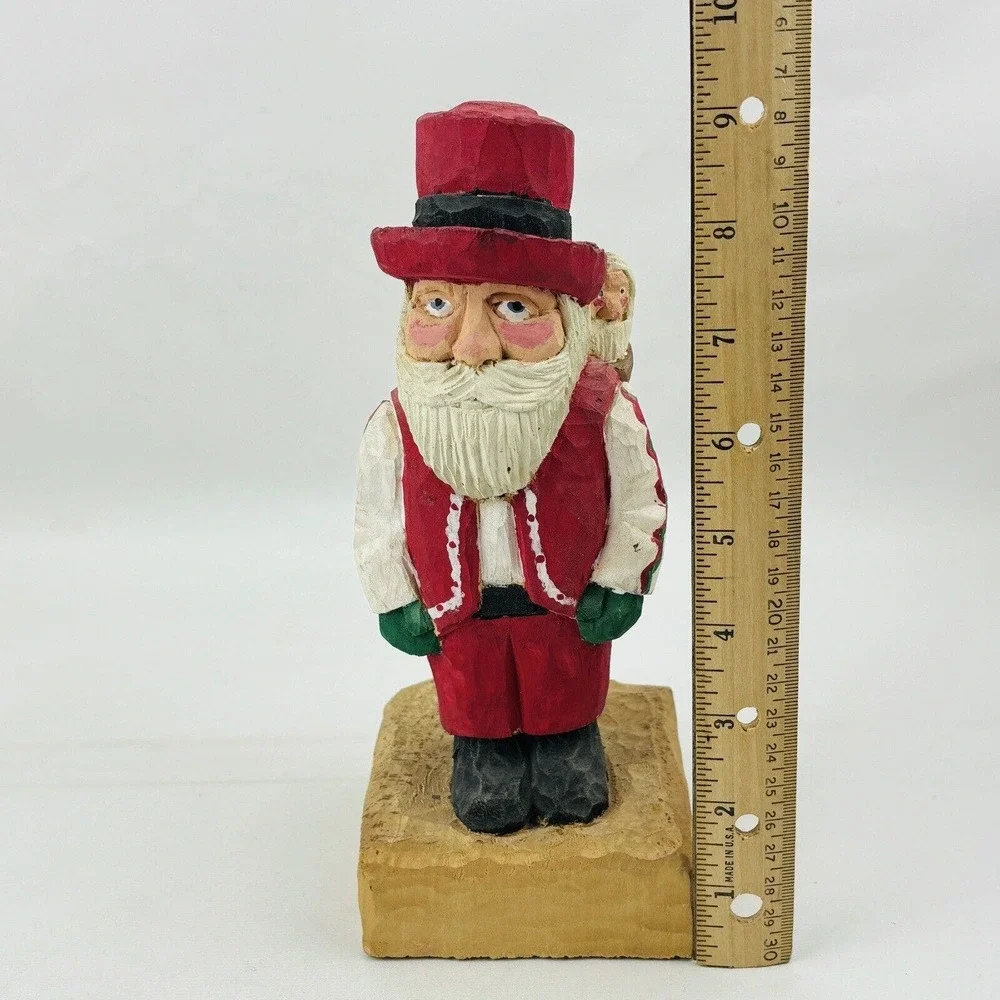 Vintage Wood Santa & Bag Figure Hand‎ Carved Handmade Painted Signed Slim 92